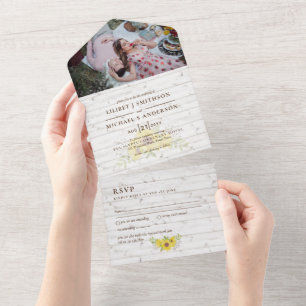 3in1 Rustic Sunflowers Woodland  Wedding RSVP All  All In One Invitation