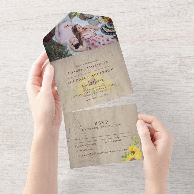 3in1 Rustic Sunflowers Woodland Wedding RSVP All In One Invitation (Tearaway)
