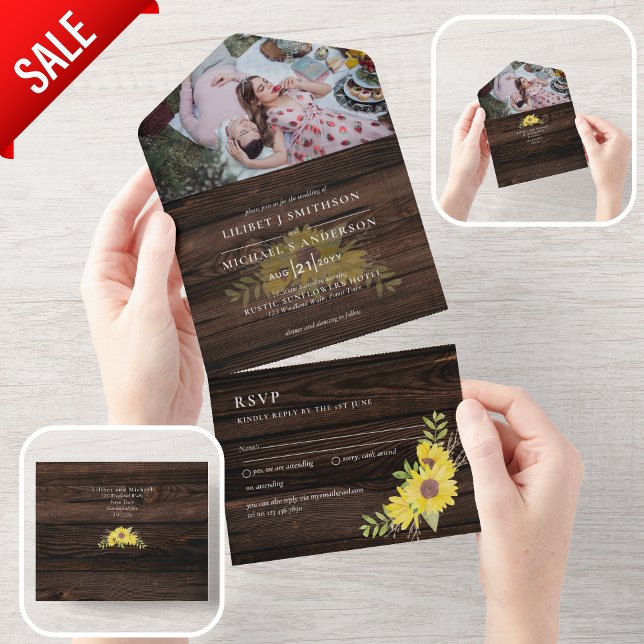 3in1 Rustic Sunflowers Woodland  Wedding RSVP All In One Invitation (Creator Uploaded)