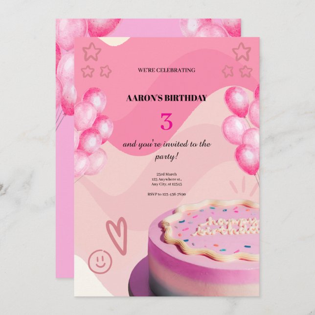 3nd Birthday Invitation – Cute & Customisable Part (Front/Back)