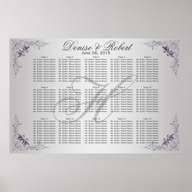 #3Ornate Purple Silver Floral Swirls Seating Chart (Front)