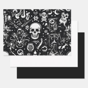 3pc. Black & White Skull Wrapping Paper