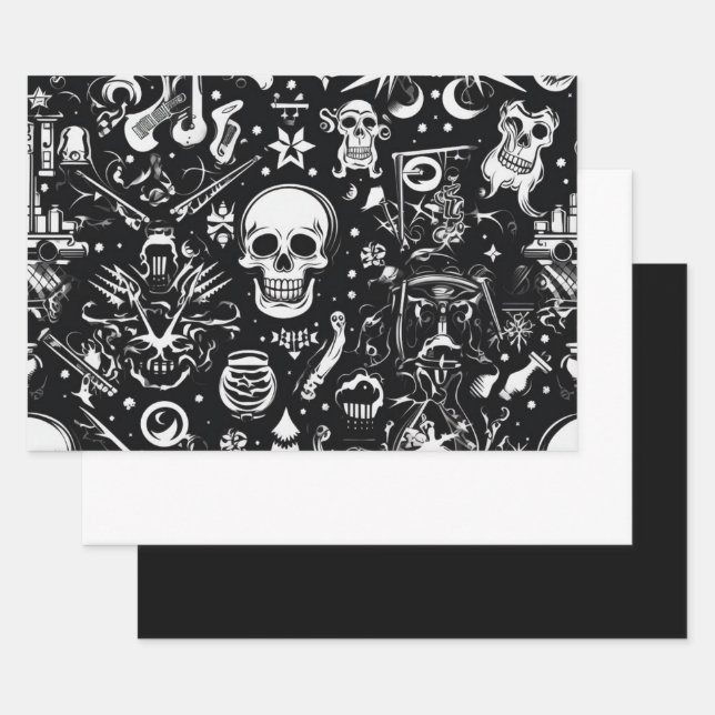 3pc. Black & White Skull Wrapping Paper (Set)