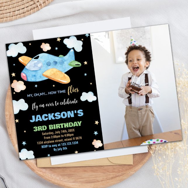 3RD Aeroplane Birthday Invitations Blue Black Phot (3RD Airplane Birthday Invitations Blue Black Photo)