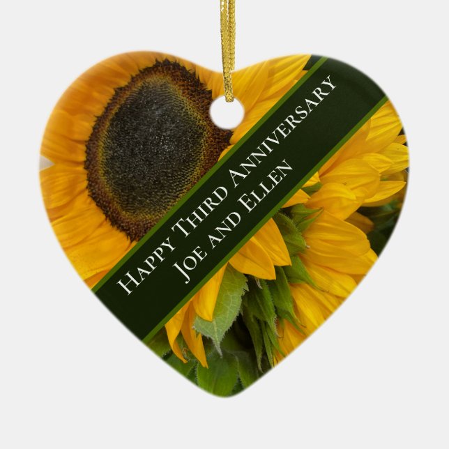 3rd Anniversary Editable Sunflower Ceramic Ornament (Front)