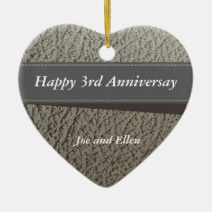 3rd Anniversary, Faux Leather Anniversary Heart Ceramic Ornament