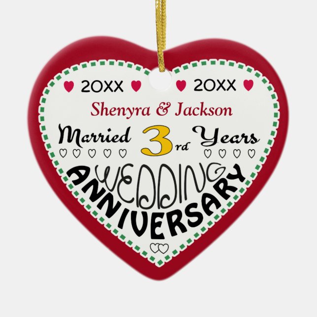 3rd Anniversary Gift Heart Shaped Christmas Ceramic Ornament (Front)