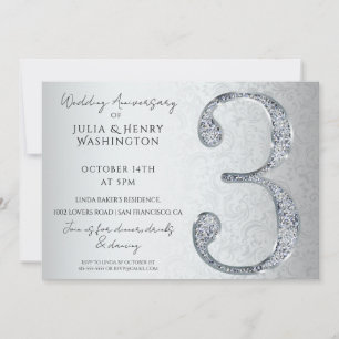 3rd Anniversary Minimalist White Silver Elegant Invitation