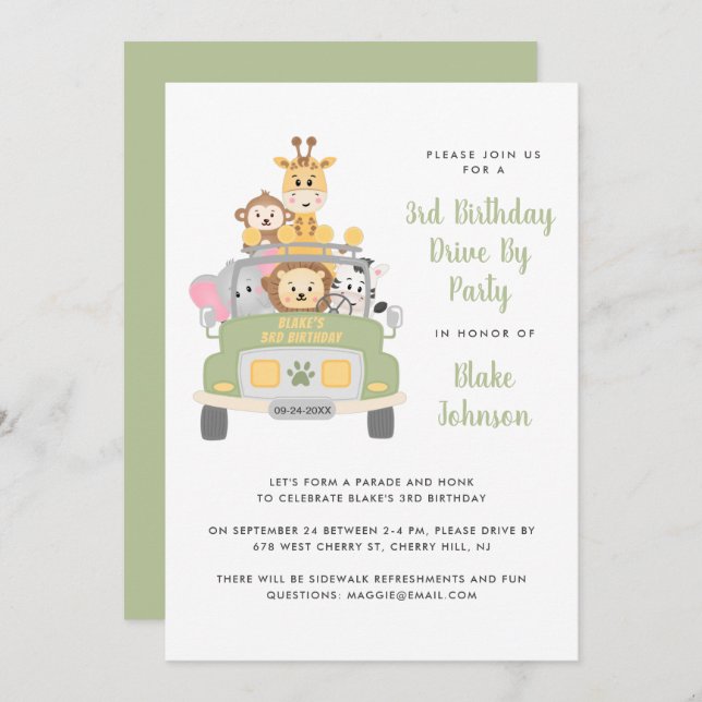 3rd Birthday Animal Safari  Drive By Party Invitation (Front/Back)