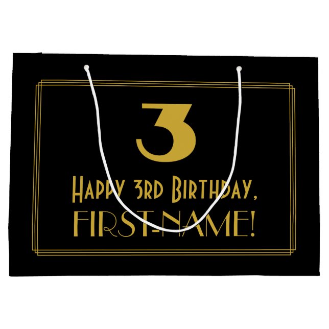 3rd Birthday — Art Deco Inspired Look "3" & Name Large Gift Bag (Back)