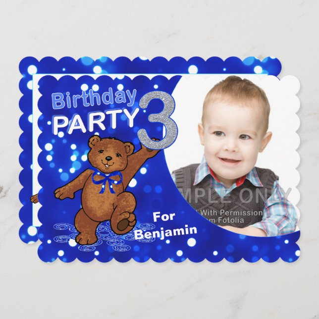 3rd Birthday Bear Party Custom Photo Invitation (Front/Back)