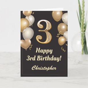 3rd Birthday Black and Gold Balloons Confetti Card