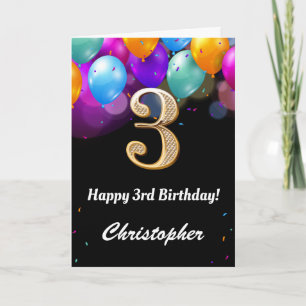 3rd Birthday Black and Gold Colourful Balloons Car Card