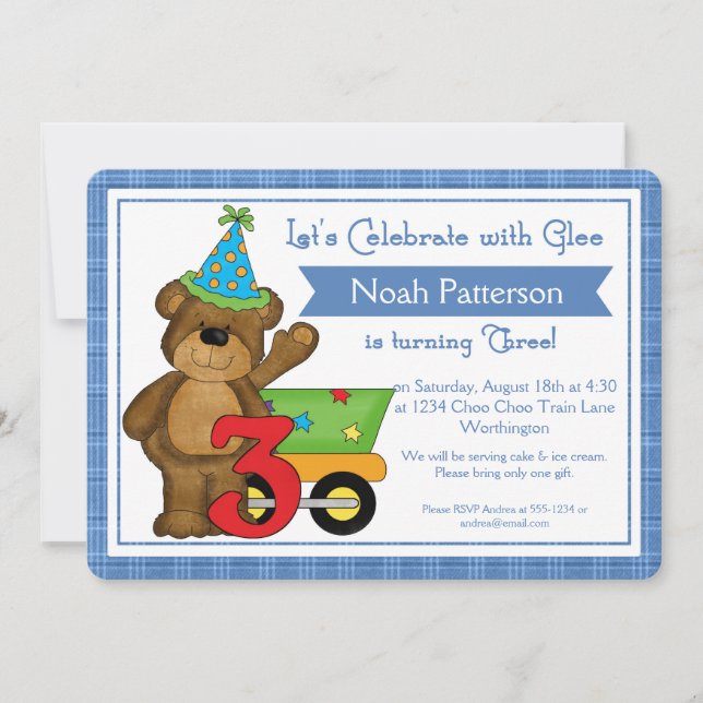 3rd Birthday Boy Invitations Teddy Bear Train (Front)