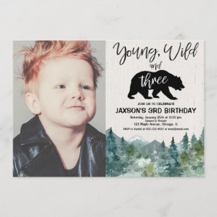 3rd birthday boy, young wild three rustic photo invitation