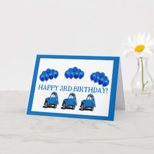 3rd Birthday Card - Blue Car and Balloons