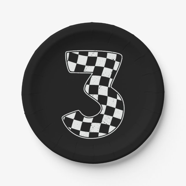 3rd Birthday Chequered Number 3 Car Racing Flag  Paper Plate (Front)