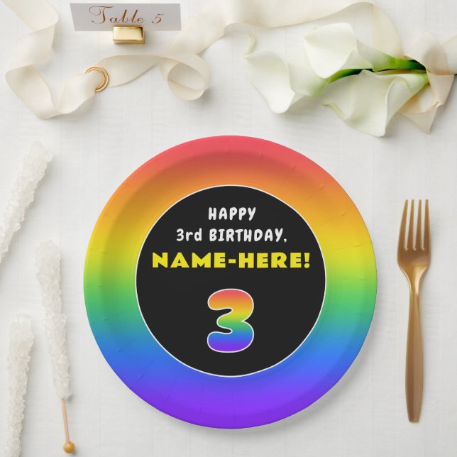 3rd Birthday: Colorful Rainbow # 3, Custom Name Paper Plate (Wedding)