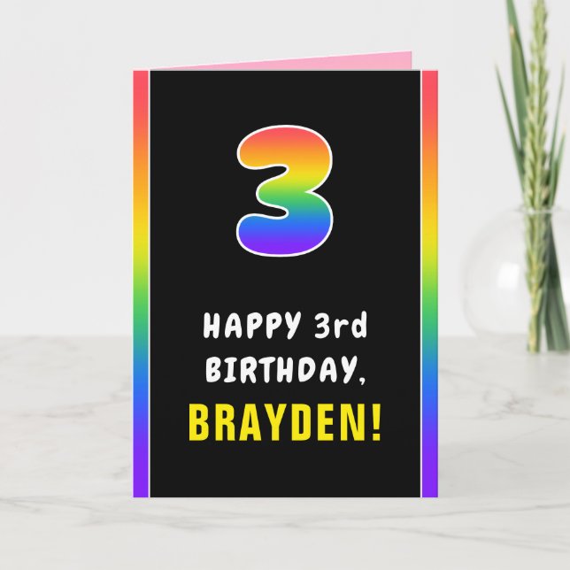 3rd Birthday: Colourful Rainbow # 3, Custom Name Card (Front)