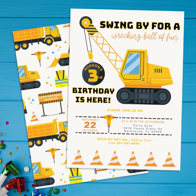 3rd Birthday Construction Crane Invitation  (Construction Vehicle Birthday Invite)