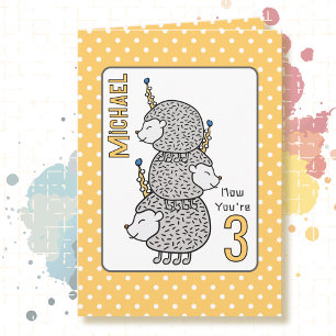 3rd Birthday Cute Cartoon Funny Gray Hedgehog  Card
