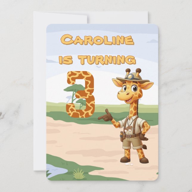 3rd birthday Cute Explorer Giraffe on safari Invitation (Front)