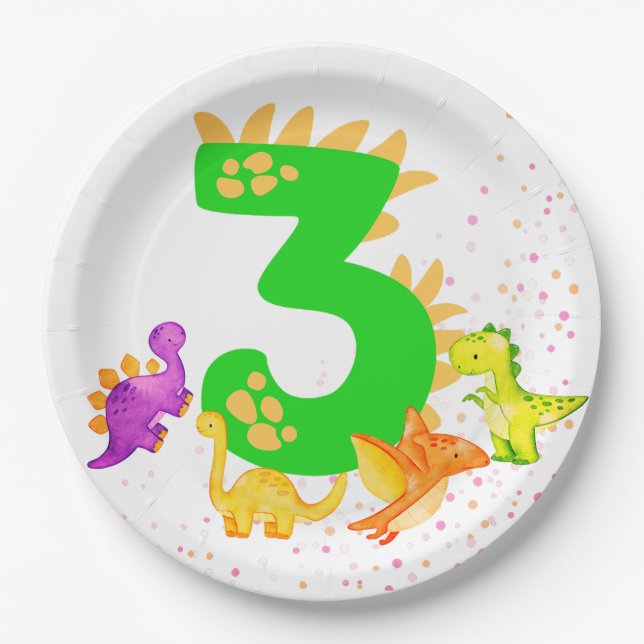 3rd Birthday. Dinosaur Design. My third birthday.  Paper Plate (Front)