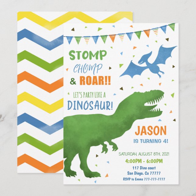 3rd Birthday Dinosaur Invitation (Front/Back)