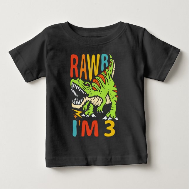 3rd Birthday Dinosaur T Rex Rawr I'm 3 For Boys Baby T-Shirt (Front)