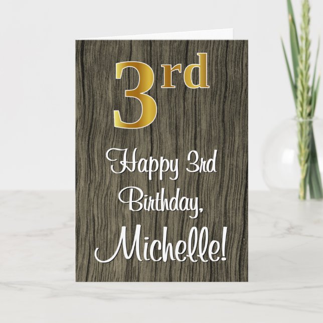 3rd Birthday: Elegant Faux Gold Look #, Faux Wood Card (Front)