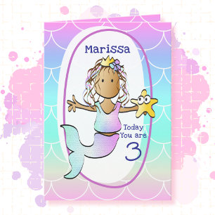 3rd Birthday Ethnic Mermaid Cartoon Adorable Cute  Card