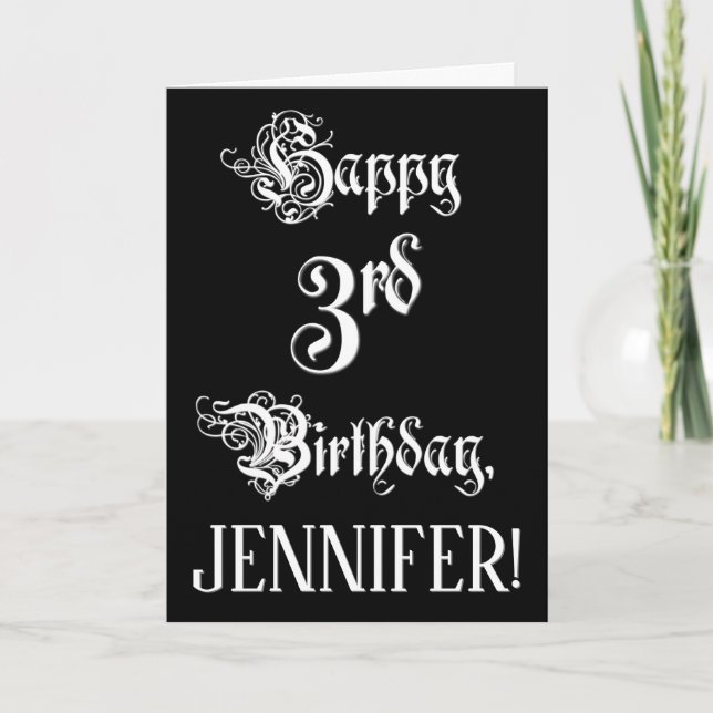 3rd Birthday: Fancy, Elegant Script + Custom Name Card (Front)