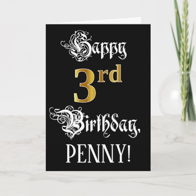 3rd Birthday — Fancy Script; Faux Gold Look; Name Card (Front)