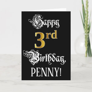 3rd Birthday — Fancy Script; Faux Gold Look; Name Card