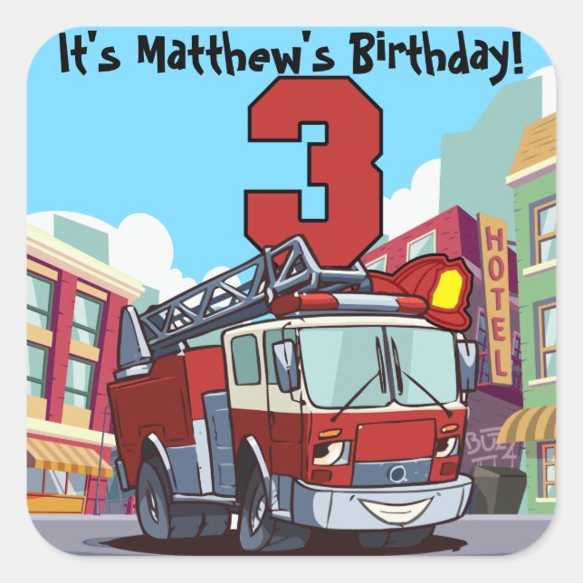 3rd Birthday Fire Truck Square Sticker (Front)