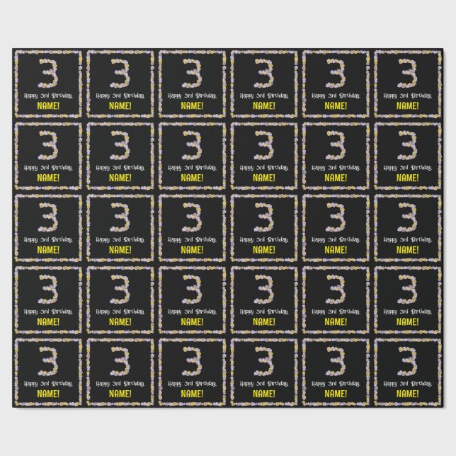 3rd Birthday: Floral Flowers Number, Custom Name Wrapping Paper (Seam)