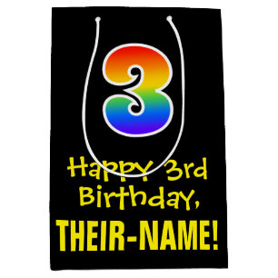 3rd Birthday: Fun, Bold, Colourful, Rainbow "3" Medium Gift Bag