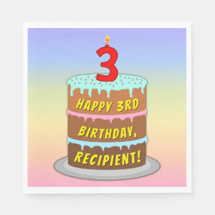 3rd Birthday: Fun Cake and Candle + Custom Name Napkin