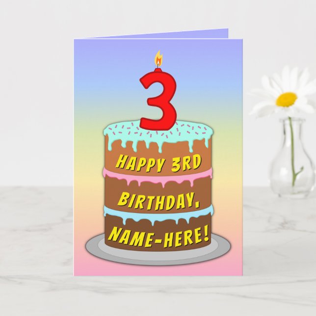 3rd Birthday — Fun Cake & Candle, With Custom Name Card (Small Plant)