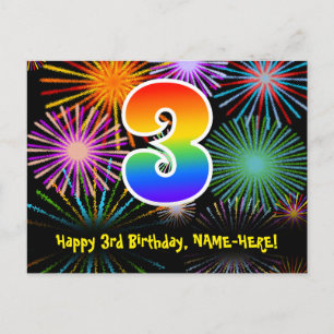 3rd Birthday – Fun Fireworks Pattern + Rainbow 3 Postcard