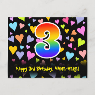3rd Birthday: Fun Hearts Pattern, Rainbow 3 Postcard