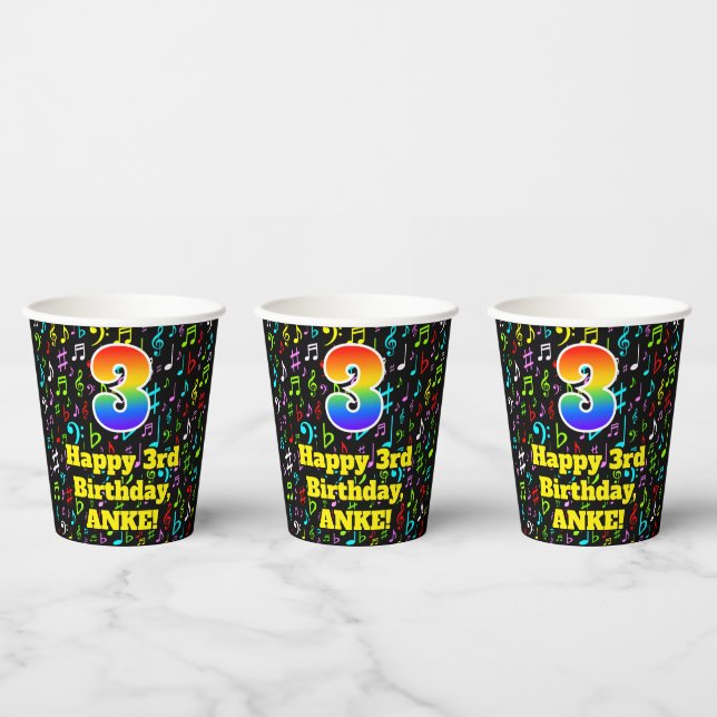 3rd Birthday: Fun Music Notes Pattern, Rainbow 3 Paper Cups (Multi)
