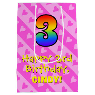 3rd Birthday: Fun Pink Hearts Stripes & Rainbow 3 Medium Gift Bag