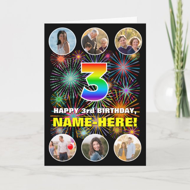 3rd Birthday: Fun Rainbow #, Custom Name & Photos Card (Front)