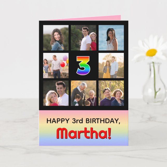 3rd Birthday: Fun Rainbow #, Custom Photos + Name Card (Small Plant)