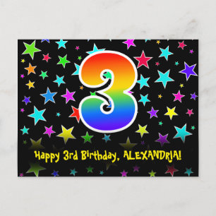 3rd Birthday: Fun Stars Pattern, Rainbow 3, Name Postcard