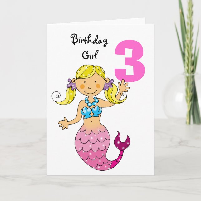 3rd birthday gift for a girl, cute mermaid card (Front)