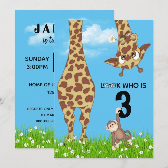 3rd Birthday Giraffe and Monkey in Grass   Invitation (Front/Back)
