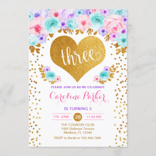 3rd Birthday - Gold Heart Teal Purple Pink Invitation
