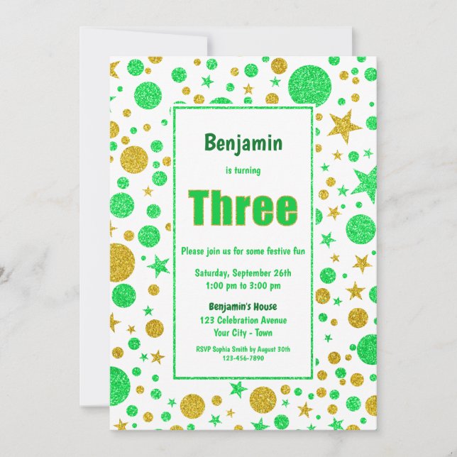 3rd Birthday Green and Gold Spots and Stars Party Invitation (Front)